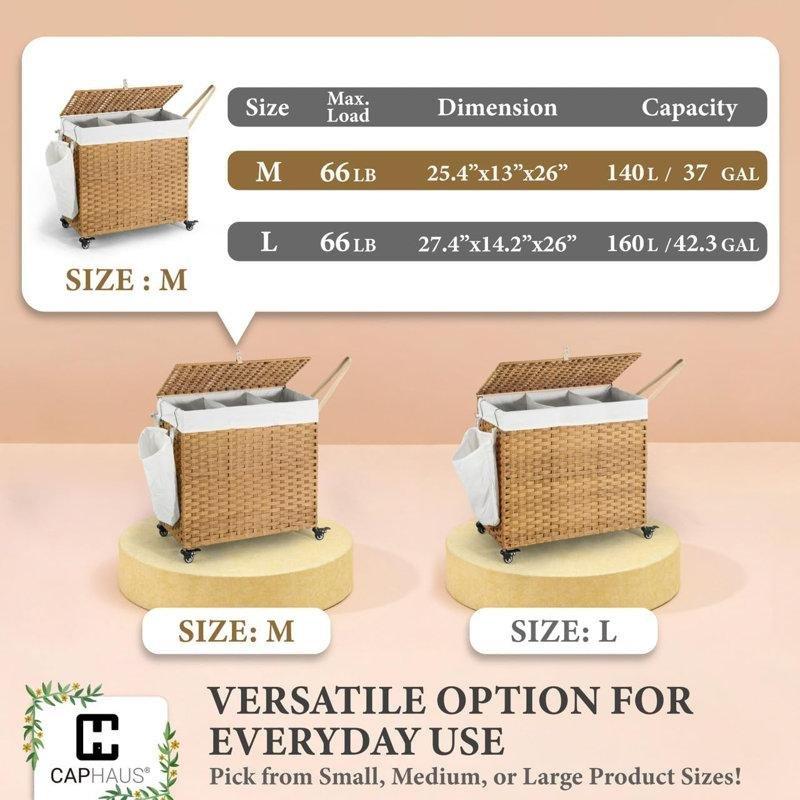 Tekerlekli Katlanabilir El Örgüsü Rattan Çamaşır Sepeti - 140 L - 187857