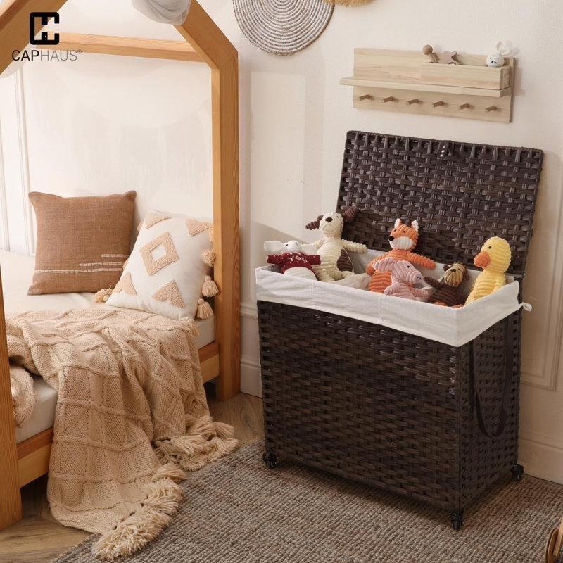 Tekerlekli Katlanabilir El Örgüsü Rattan Çamaşır Sepeti - 140 L - 187857