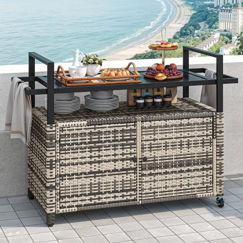 Temperli Cam Tablalı Hasır Tekerlekli Dolaplı Dış Mekan Servis Arabası - 100x50 cm - 178328