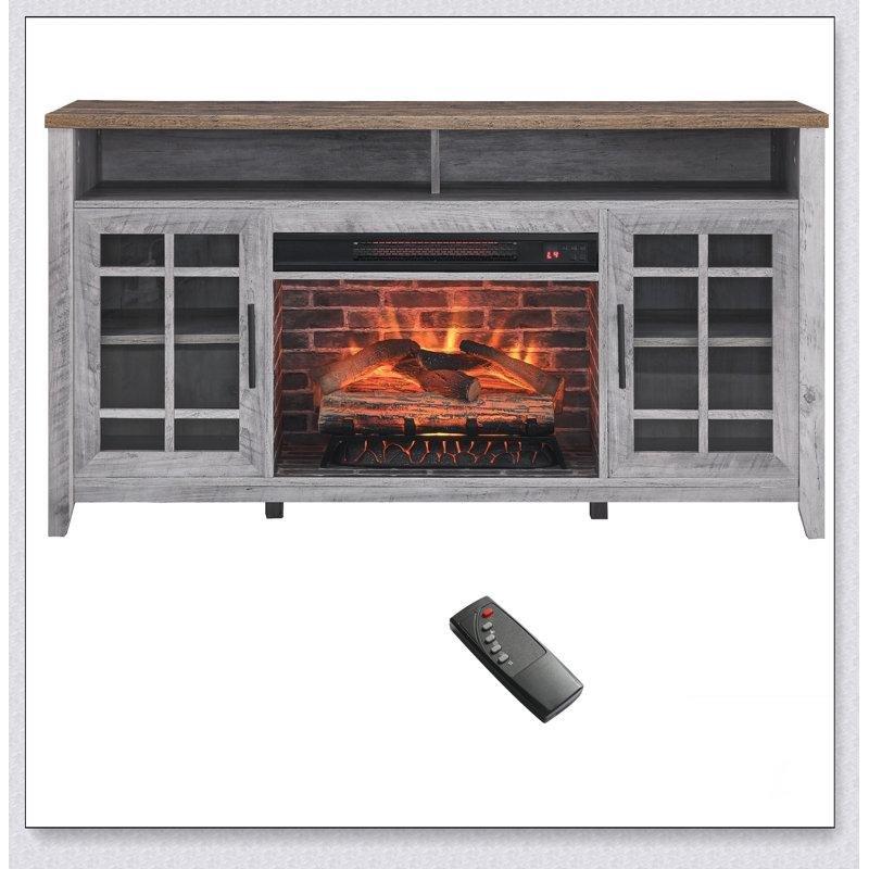 Temperli Cam ve Çelik Detaylı Elektrikli Şömineli Ahşap TV Ünitesi - 140 cm - 220036