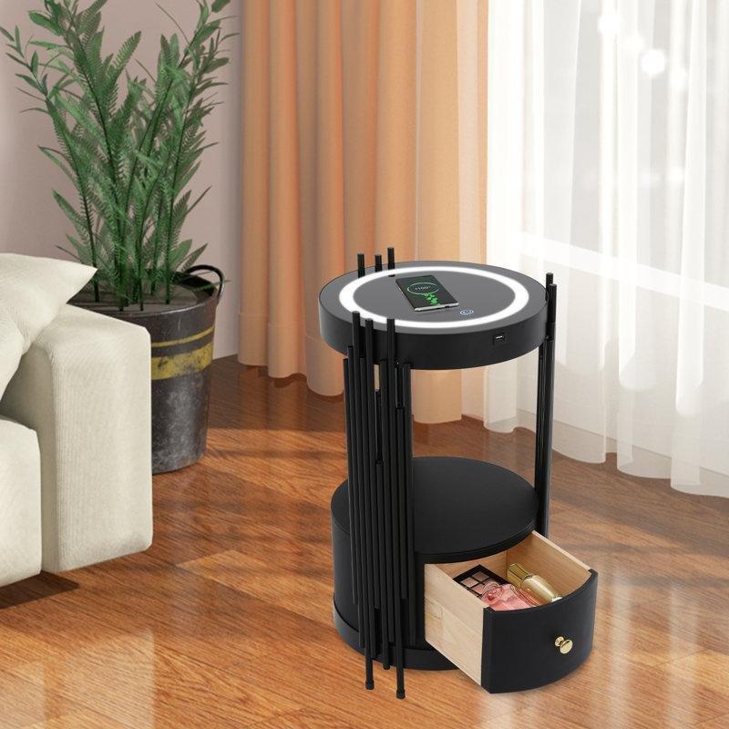 Temperli Cam Yüzeyli LED Aydınlatmalı Kablosuz Şarjlı ve USB Portlu Yuvarlak Akıllı Komodin - 224052