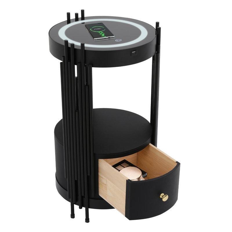 Temperli Cam Yüzeyli LED Aydınlatmalı Kablosuz Şarjlı ve USB Portlu Yuvarlak Akıllı Komodin - 224052