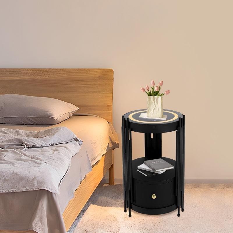 Temperli Cam Yüzeyli LED Aydınlatmalı Kablosuz Şarjlı ve USB Portlu Yuvarlak Akıllı Komodin - 224052