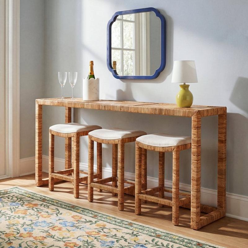 Ten Rengi Rattan Traverten Tablalı Tabureli Koltuk Arkası Dresuar - 209 cm - 218403