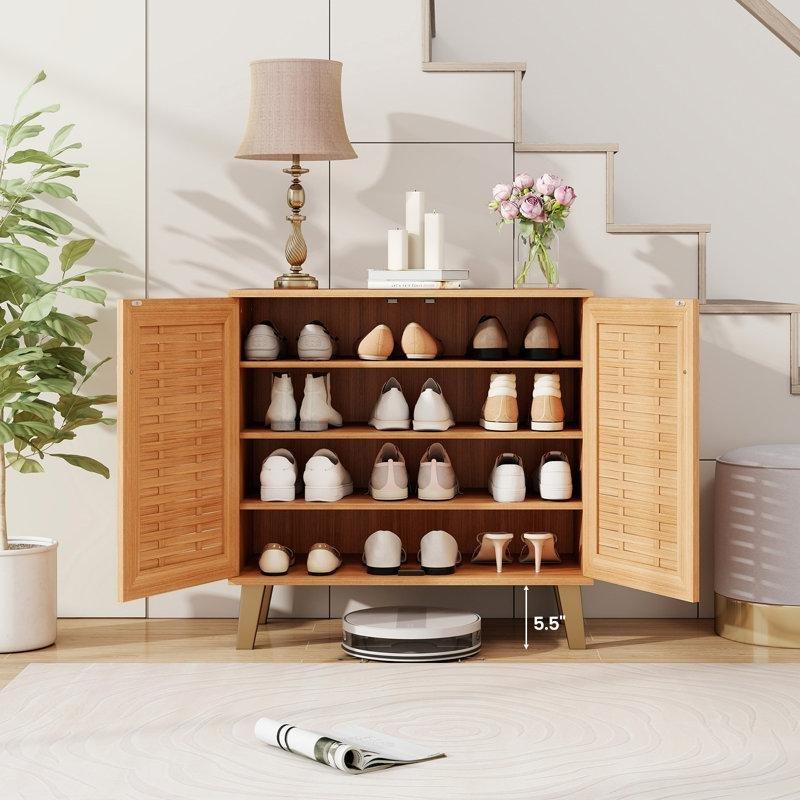 Tik Ağacı Rengi MDF Hasır Desenli Çıkarılabilir Raflı Ayakkabılık Dolabı - 228697
