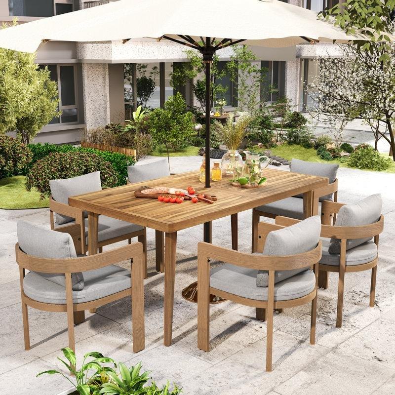 Tik Rengi Alüminyum ve Akasya Ağacı 6 Kişilik Şemsiye Delikli Bahçe Masa Takımı - 161x89 cm - 215322