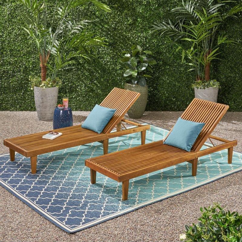 Tik Rengi Masif Akasya Ağacı Ayarlanabilir 2li Set Şezlong - 201 cm - 171229