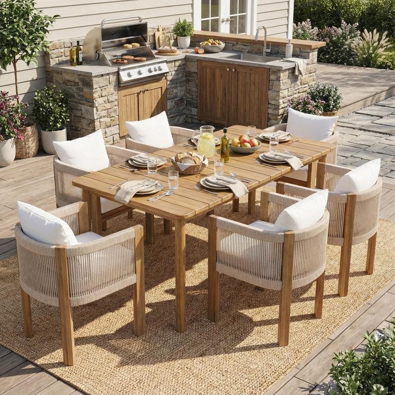 Tik Rengi Masif Akasya Ahşap Minderli ve İp Örgülü Sandalyeli 6 Kişilik Bahçe Masa Takımı - 171x89 cm - 217054