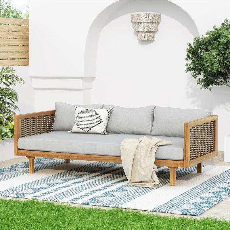 Tik Rengi Masif Akasya ve Rattan Kollu 3 Kişilik Minderli Palet Koltuk - 172x82 cm - 177388