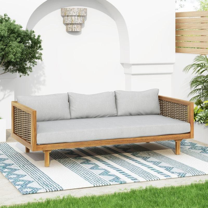 Tik Rengi Masif Akasya ve Rattan Kollu 3 Kişilik Minderli Palet Koltuk - 172x82 cm - 177388