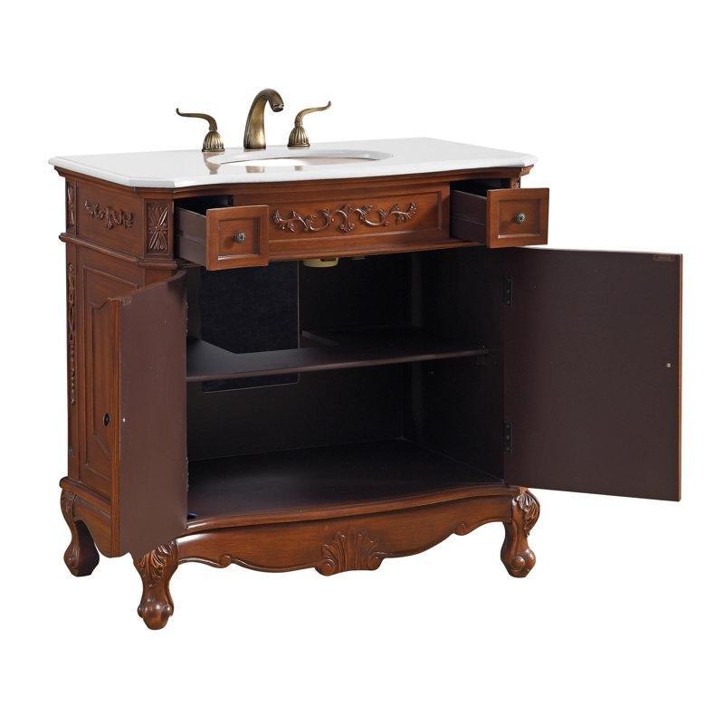 Tik Rengi Masif Huş Ağacı ve MDF Çekmeceli Banyo Lavabo Dolabı - 92 cm - 201477