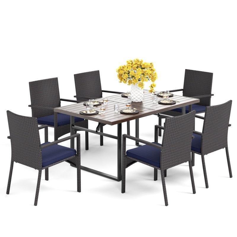 Tik Tabla Çelik ve Rattan Mavi Minderli 6 Kişilik Bahçe Masa Takımı - 215126