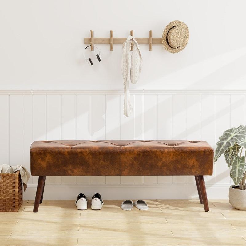 Toz Sarısı Suni Deri Kapitoneli Sandıklı Masif Meşe Ayaklı Bench - 114 cm - 164662
