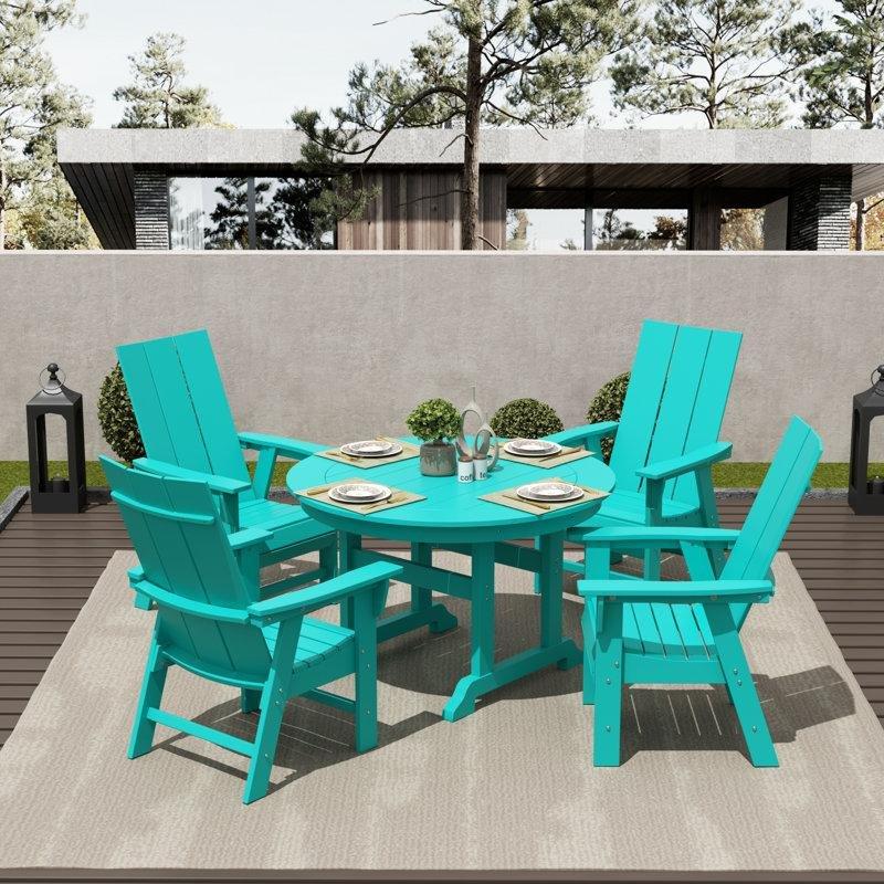 Turkuaz Adirondack Tarzı Şemsiye Delikli Yuvarlak Plastik Bahçe Masa Takımı - 120 cm - 214777