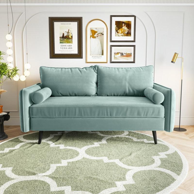 Turkuaz Kadife Dokulu Masif Ahşap Kırlentli İkili Koltuk - 178 cm - 206589