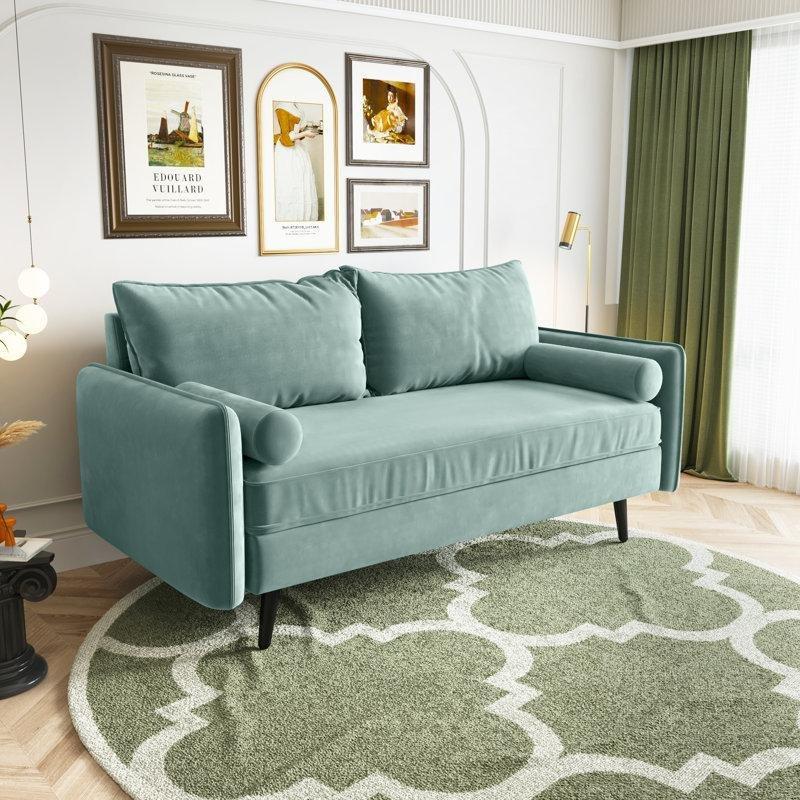 Turkuaz Kadife Dokulu Masif Ahşap Kırlentli İkili Koltuk - 178 cm - 206589