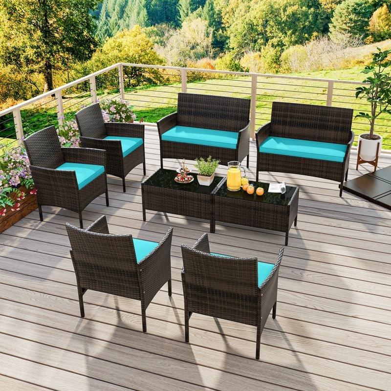Turkuaz Minderli Karışık Kahverengi Rattan 8 Kişilik 8 Parça Modüler Bahçe Takımı - 210289