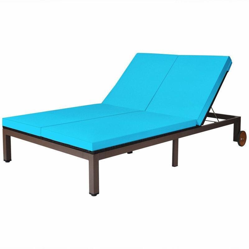 Turkuaz PE Rattan Çelik Çift Kişilik Tekerlekli Ayarlanabilir Şezlong - 206x127 cm - 171076