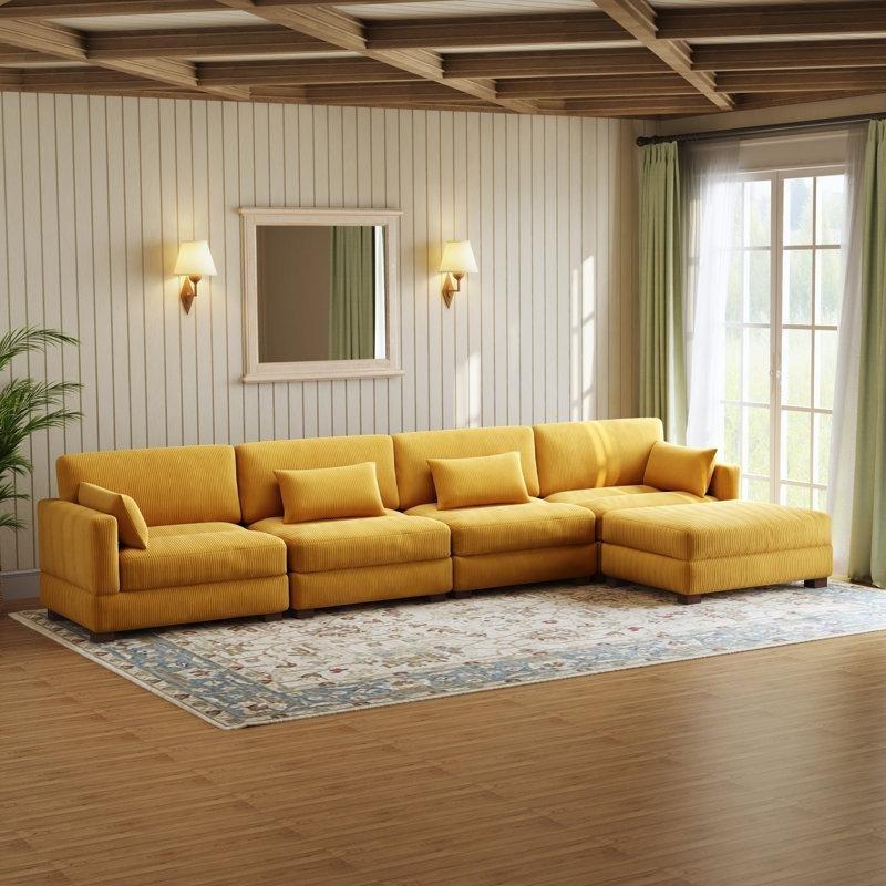 Turuncu Fitilli Kadife Ayarlanabilir Başlıklı Modüler Puflu Köşe Koltuk Takımı - 193281