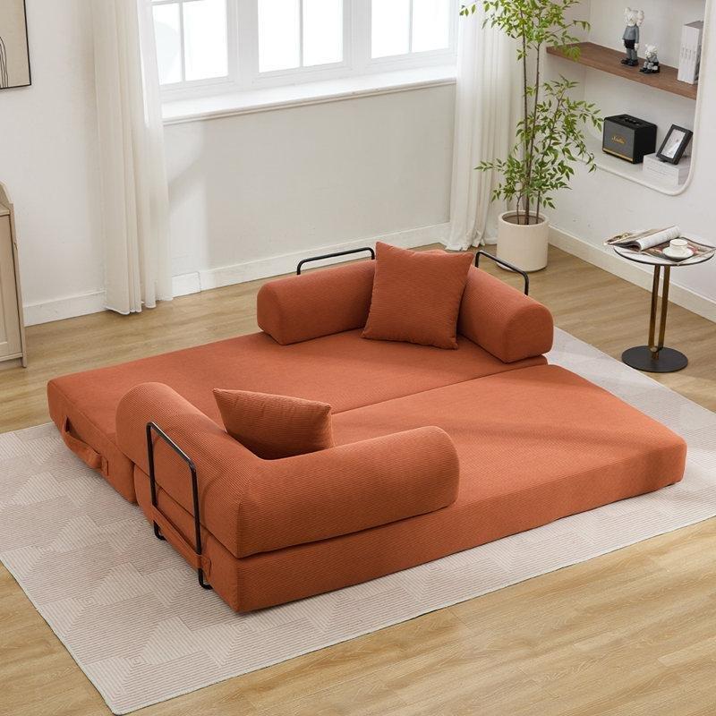 Turuncu Fitilli Kadife Katlanabilir Yataklı Modüler Koltuk - 200 cm - 196632