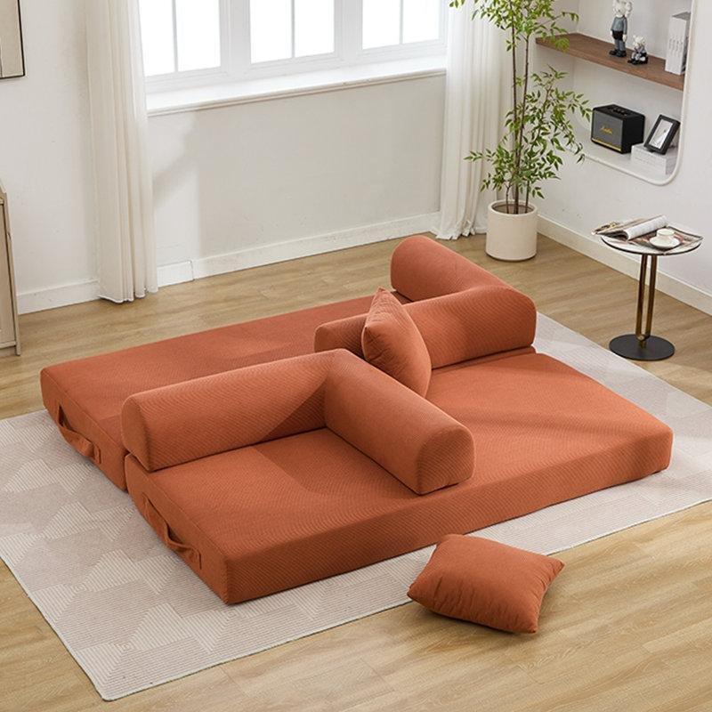 Turuncu Fitilli Kadife Katlanabilir Yataklı Modüler Koltuk - 200 cm - 196632
