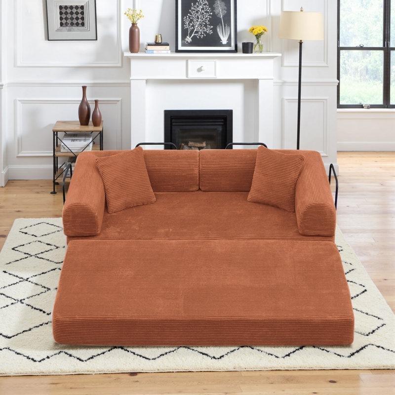 Turuncu Fitilli Kadife Modüler Yataklı Koltuk 2 Yastıklı - 160 cm - 195971
