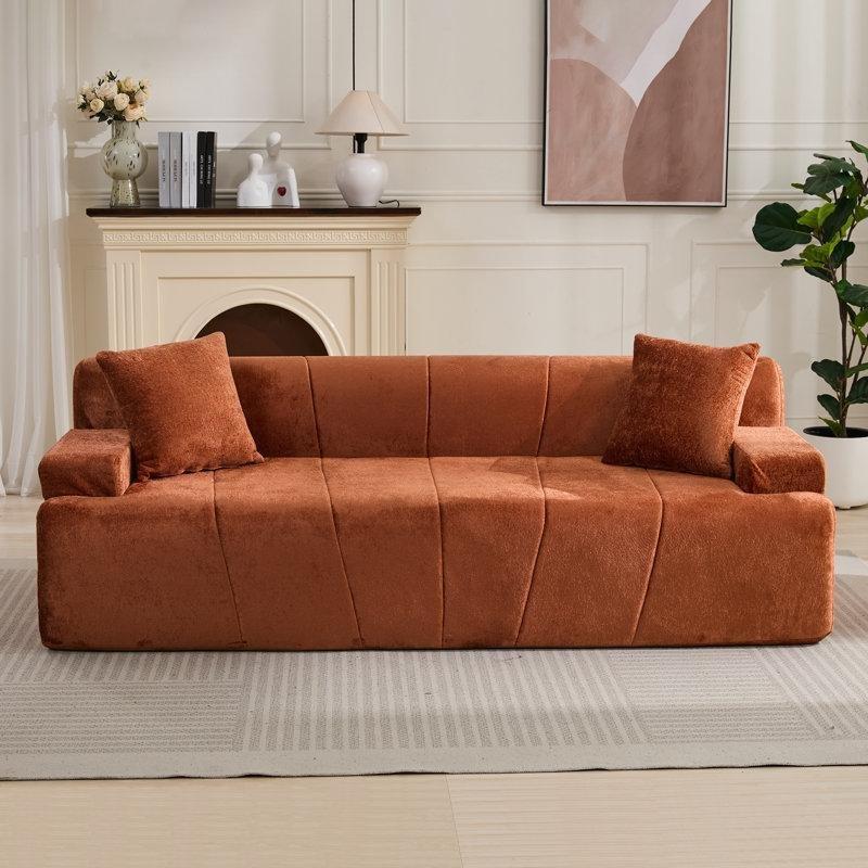 Turuncu Kadife Kumaş Yastıklı Kurulum Gerektirmeyen İkili Koltuk - 211 cm - 196743