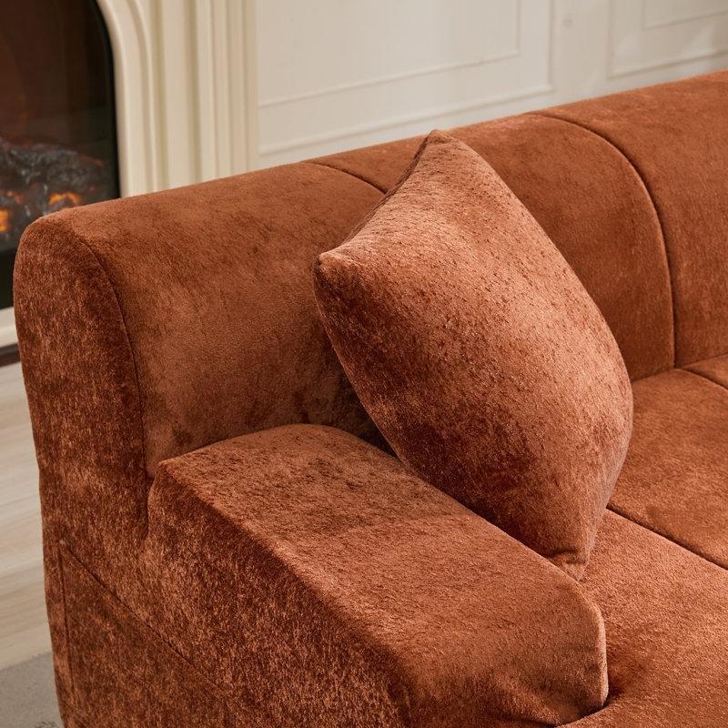 Turuncu Kadife Kumaş Yastıklı Kurulum Gerektirmeyen İkili Koltuk - 211 cm - 196743