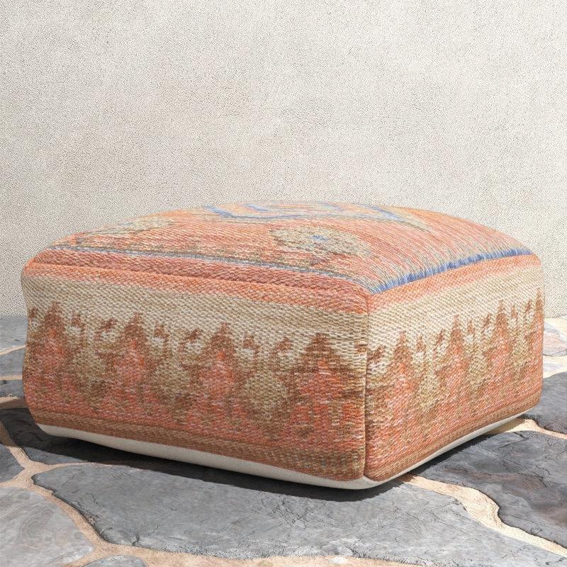 Turuncu Kilim Desenli El Dokuması Polyester İç ve Dış Mekan Yuvarlak Puf - 51 cm - 164821