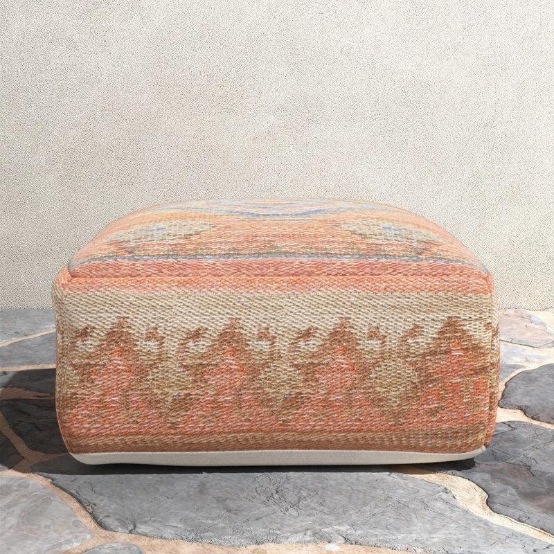 Turuncu Kilim Desenli El Dokuması Polyester İç ve Dış Mekan Yuvarlak Puf - 51 cm - 164821