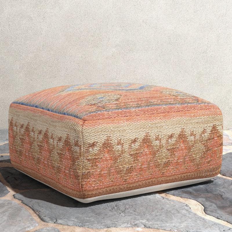 Turuncu Kilim Desenli El Dokuması Polyester İç ve Dış Mekan Yuvarlak Puf - 51 cm - 164821