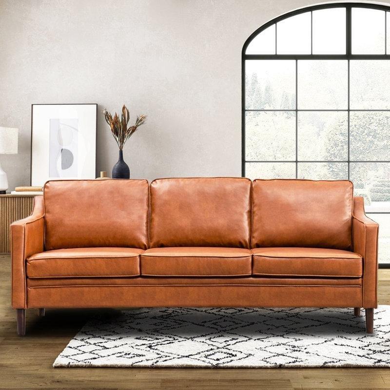 Turuncu Suni Deri Kare Kollu Masif Ahşap Ayaklı 3 Kişilik Koltuk - 204 cm - 196882