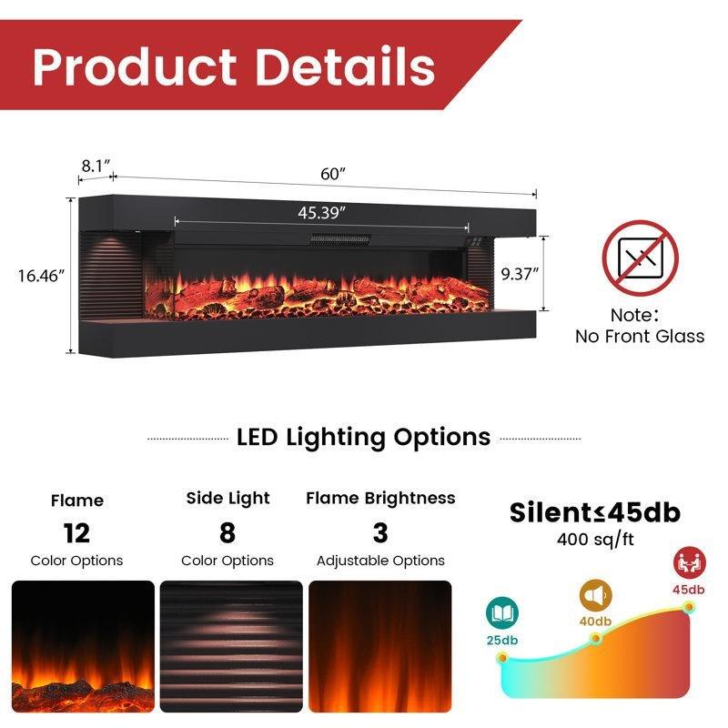 Uzaktan Kumandalı 3 Taraflı Cam LED Aydınlatmalı Duvara Monte Elektrikli Şömine - 153 cm - 184486