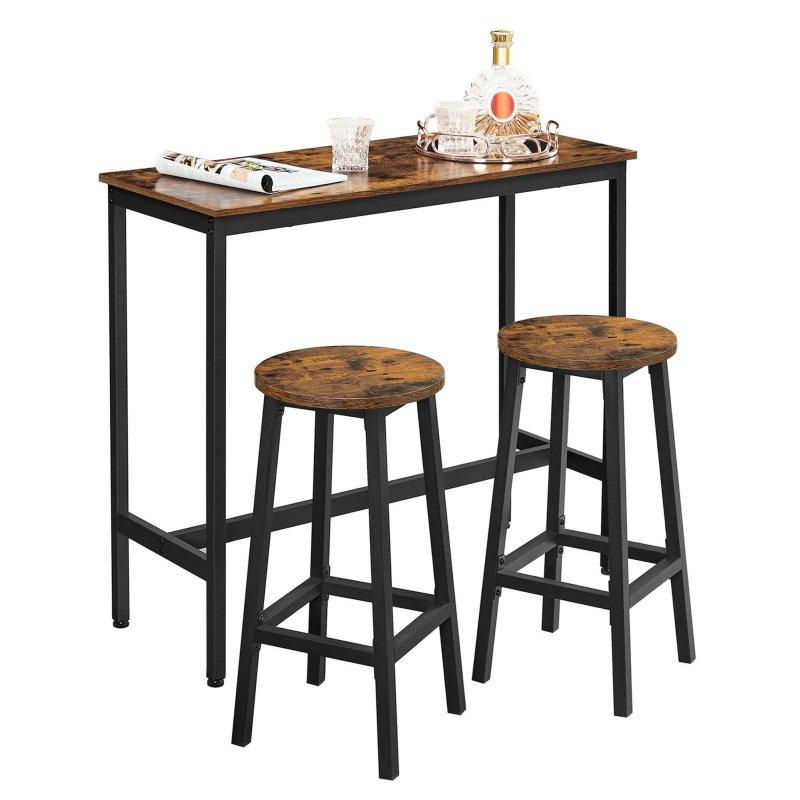 Vintage Kahve Siyah Çelik Ahşap 2 Tabureli Bar Masası Seti - 100x40x90 cm - 232195