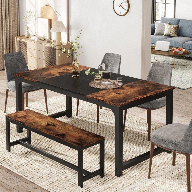 Vintage Kahve ve Siyah Metal Ayaklı Endüstriyel 6-8 Kişilik Bohem Yemek Masası - 160x80 cm - 236100