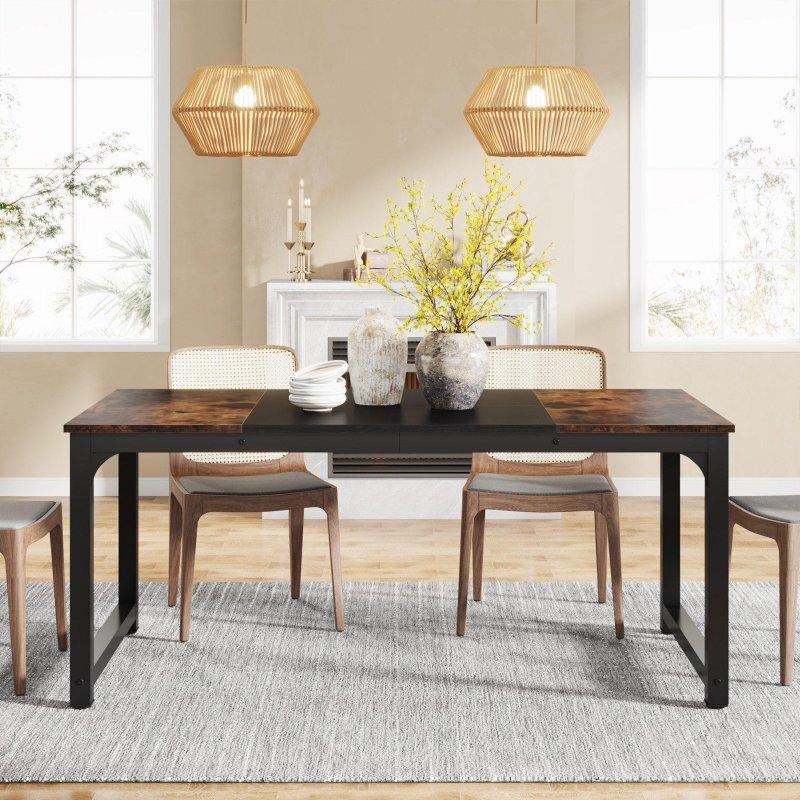 Vintage Kahve ve Siyah Metal Ayaklı Endüstriyel 6-8 Kişilik Bohem Yemek Masası - 160x80 cm - 236100