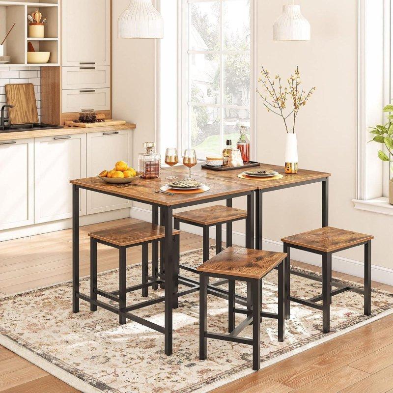 Vintage Kahverengi Ahşap 2 Tabureli Metal Bar Masası Seti - 80x60 cm - 232463