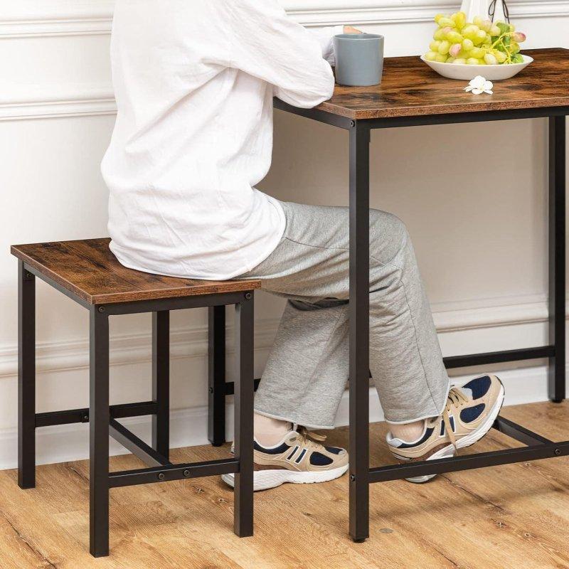 Vintage Kahverengi Ahşap 2 Tabureli Metal Bar Masası Seti - 80x60 cm - 232463