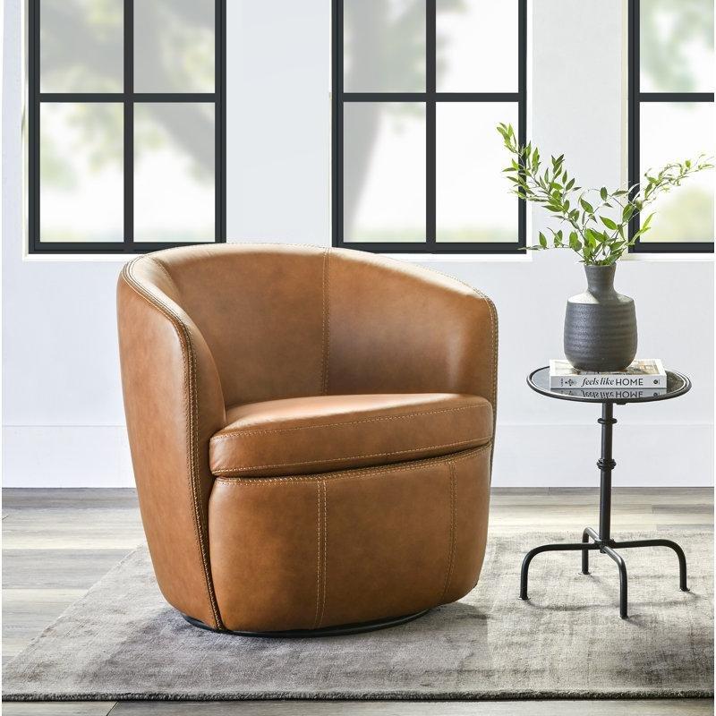 Vintage Karamel Hakiki Deri Döner Fıçı Tekli Koltuk - 83x74 cm - 202436