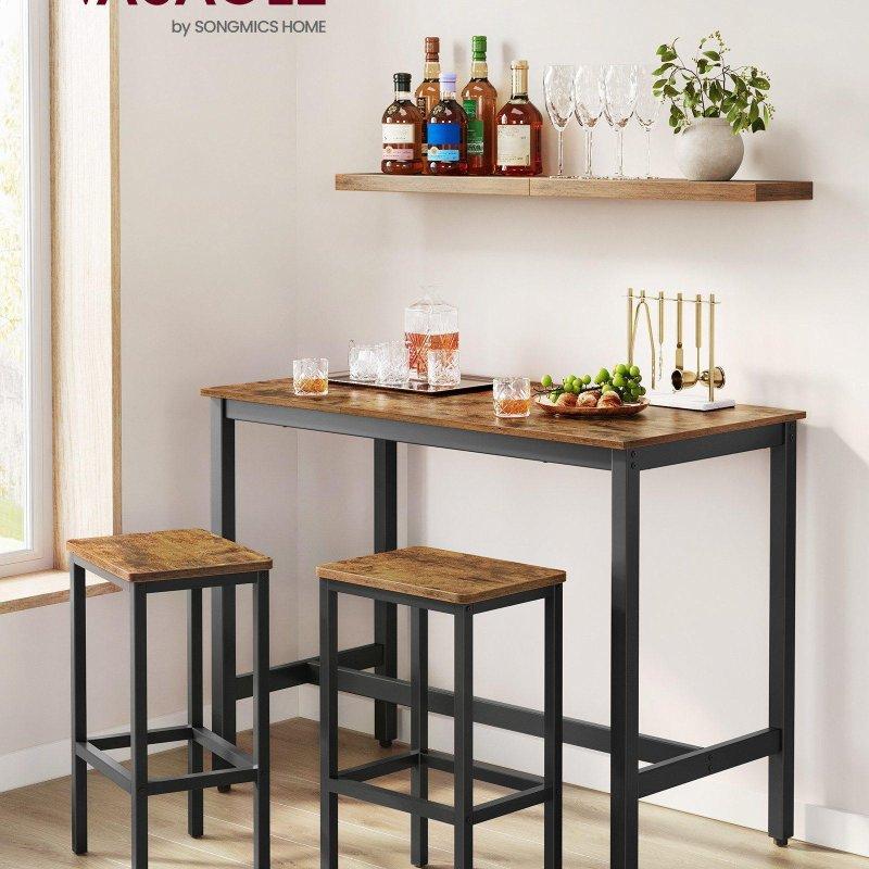 Vintage Koyu Kahverengi Sunta ve Metal 2 Tabureli Bar Masası Seti - 120x60x90 cm - 232398