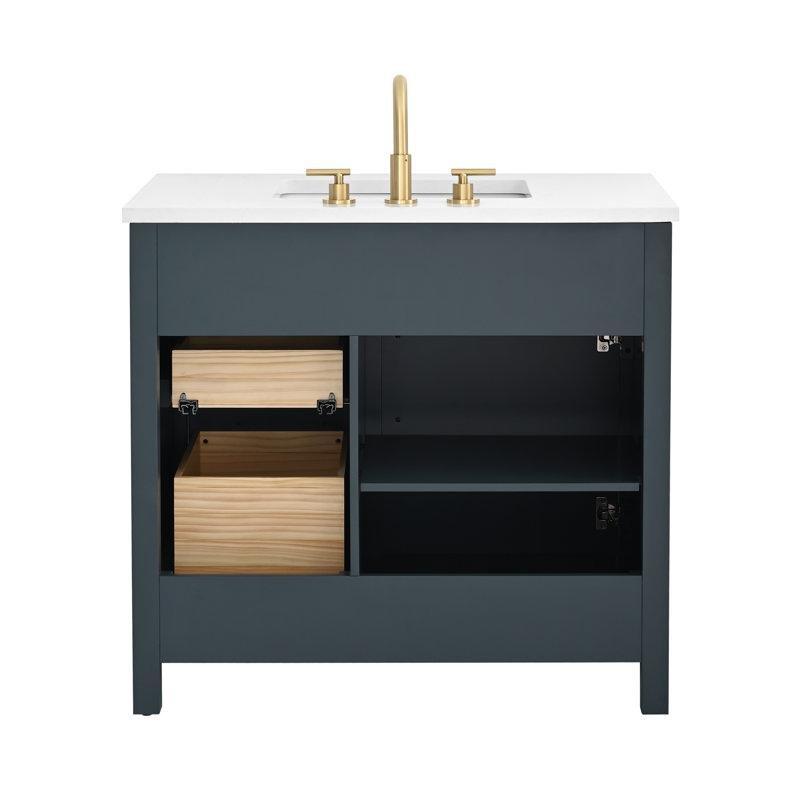 Vintage Mavi Masif Ahşap Endüstriyel Taş Tezgahlı Yavaş Kapanır Banyo Lavabo Dolabı - 92 cm - 198154