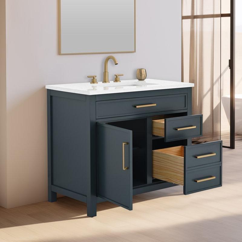 Vintage Mavi Masif Ahşap Endüstriyel Taş Tezgahlı Yavaş Kapanır Banyo Lavabo Dolabı - 92 cm - 198154