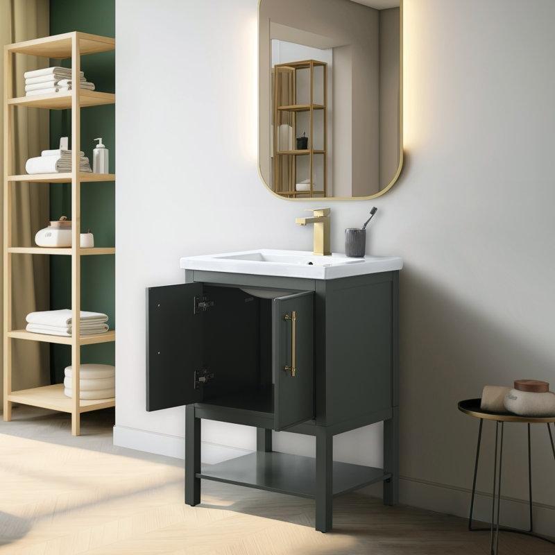 Vintage Yeşil Masif Ahşap Antik Pirinç Kulplu Ayaklı Banyo Lavabo Dolabı - 62 cm - 199965