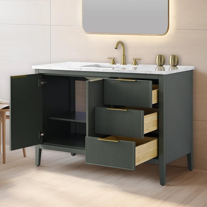 Vintage Yeşil Masif Ahşap Arabescato Taş Tezgahlı Yivli Çekmeceli Banyo Lavabo Dolabı - 122 cm - 197892