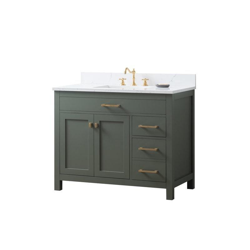 Vintage Yeşil Masif Ahşap Carrara Beyazı Kompoze Taş Tezgahlı Yavaş Kapanır Banyo Lavabo Dolabı - 107 cm - 201793