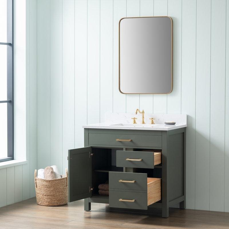 Vintage Yeşil Masif Ahşap Carrara Beyazı Taş Tezgahlı Çekmeceli Banyo Lavabo Dolabı - 92 cm - 201705