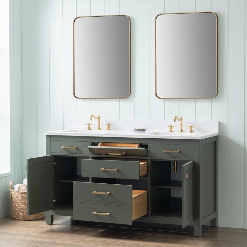 Vintage Yeşil Masif Ahşap Çift Lavabolu Carrara Taş Tezgahlı Banyo Dolabı - 153 cm - 201414