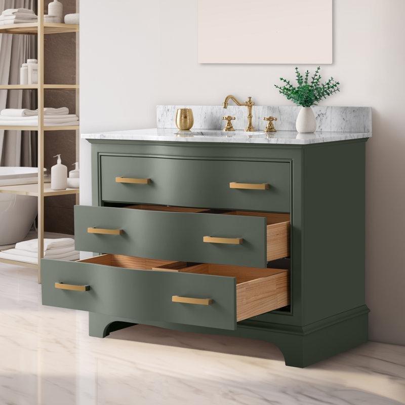 Vintage Yeşil Masif Ahşap Mermer Tezgahlı Yavaş Kapanır Çekmeceli Ayaklı Banyo Lavabo Dolabı - 107 cm - 198470