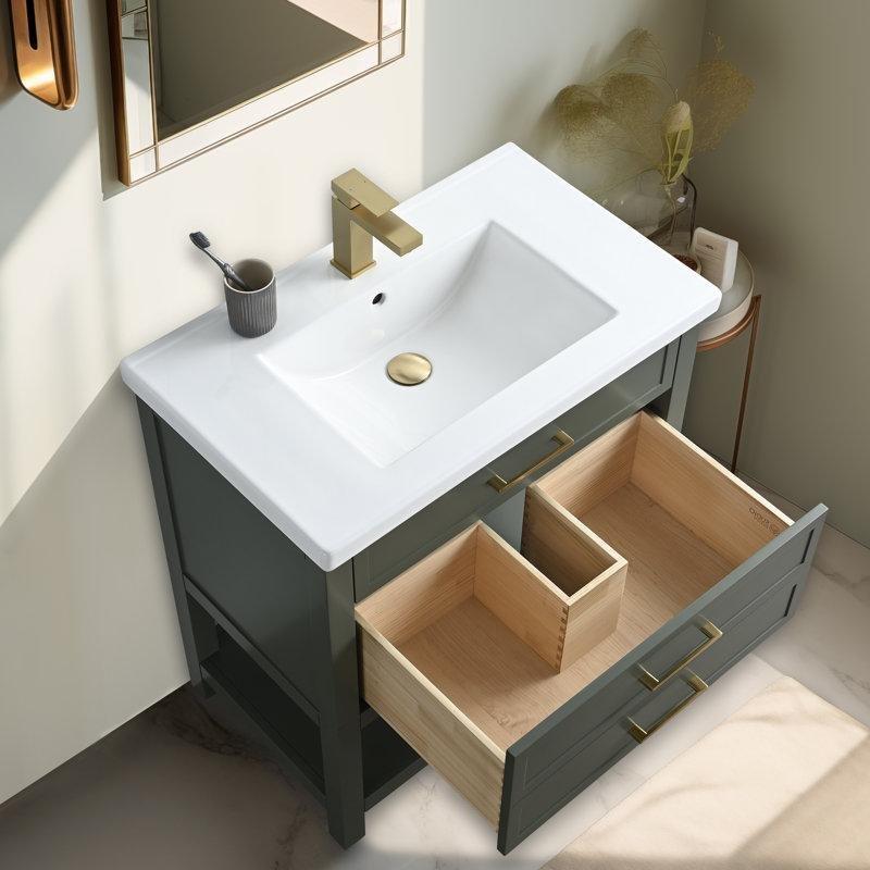 Vintage Yeşil Masif Ahşap Seramik Tezgahlı Çekmeceli Banyo Lavabo Dolabı - 77 cm - 198940