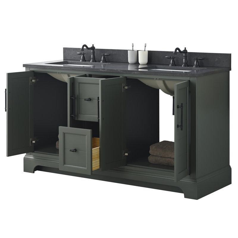 Vintage Yeşil Masif Ahşap Siyah Taş Tezgahlı Çift Lavabolu Çekmeceli Ayaklı Banyo Lavabo Dolabı - 153 cm - 198022